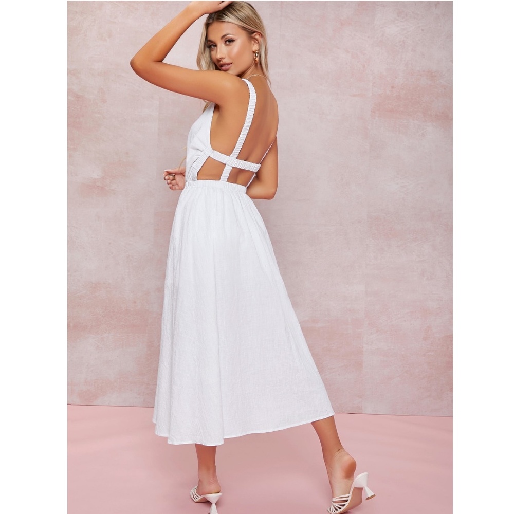 100% Cotton White Midi Backless Dress
